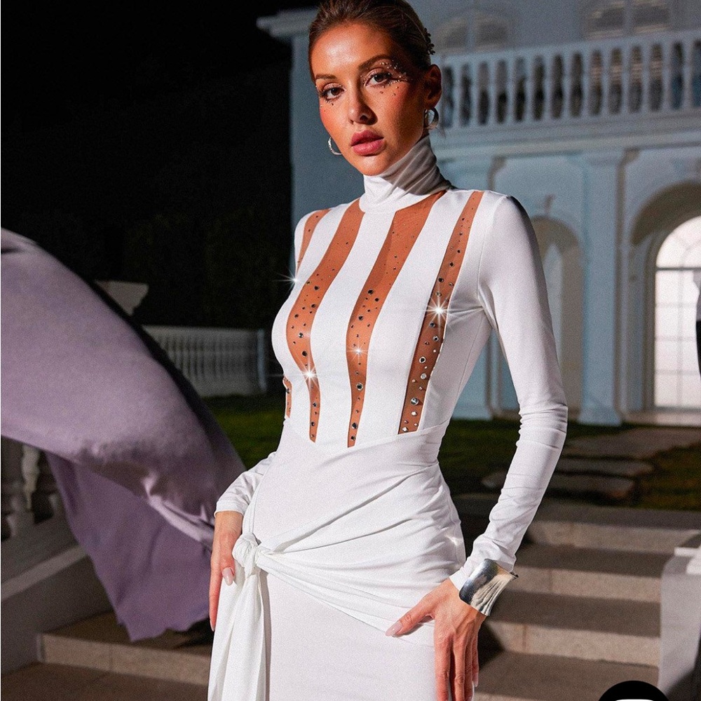 Long Sleeve Crystal Twisted Midi Dress